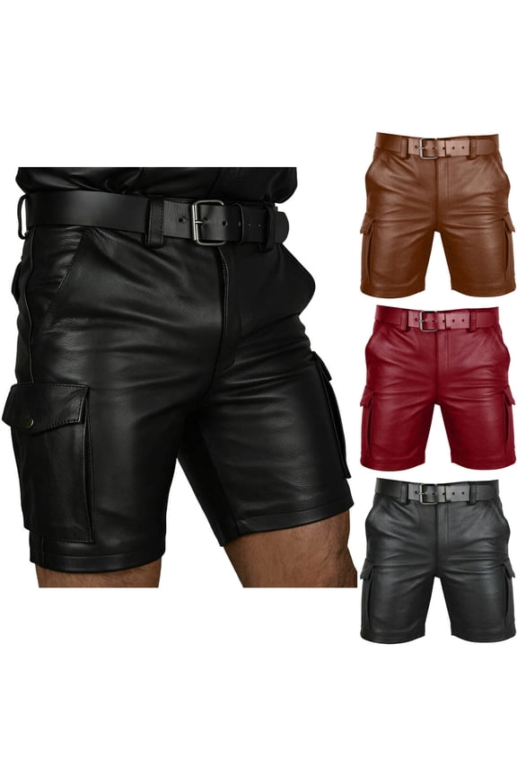 Men's PU Faux Leather Flap Pocket Cargo Shorts Slim Fit Elastic Waist Straight Leg Shorts Streetwear No Belt Wine
