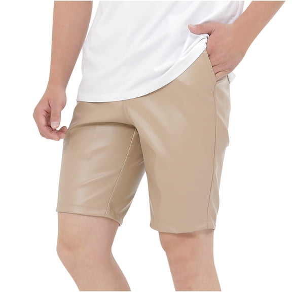 FRSASU Men's PU Leather Shorts Elastic Waist Hot Short Pants Zipper Men Shorts for Club Party Khaki
