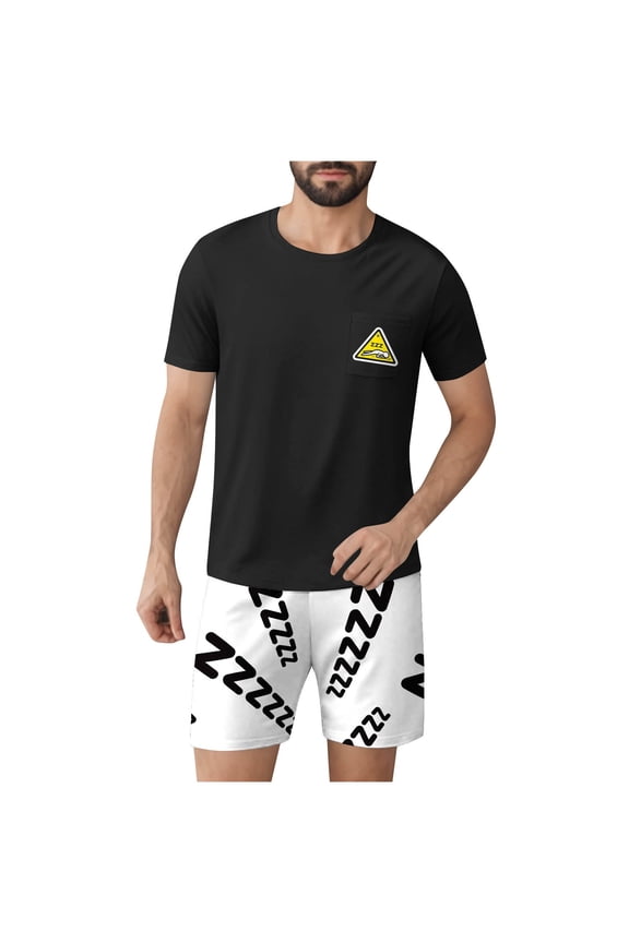 Men's Pajama Set Cotton Pajamas Funny Print Short Sleeve & Shorts Pjs Sets Sleepwear Summer Lounge Set with Pockets Black