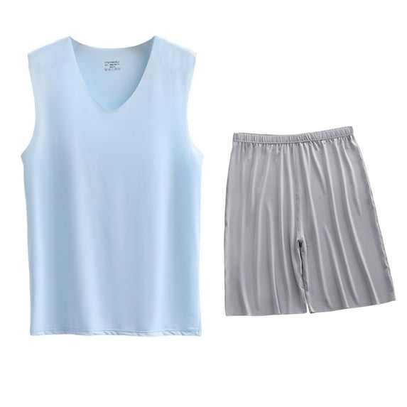 FRSASU Men's Pajama Sets Ice Silk Tank Tops with Shorts Cooling Soft 2 Pieces Men Loungewear Sets Big and Tall Sky Blue