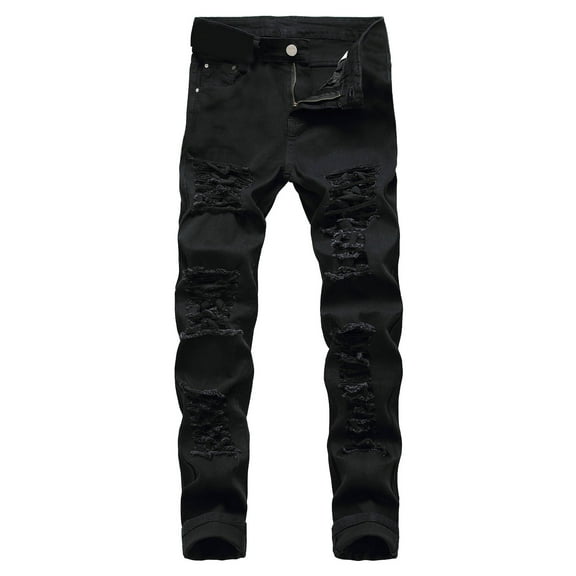 FRSASU Men's Pants Cotton Straight Ripped Hole Trousers Jeans Pants Full Length Pants Black 8(XL)