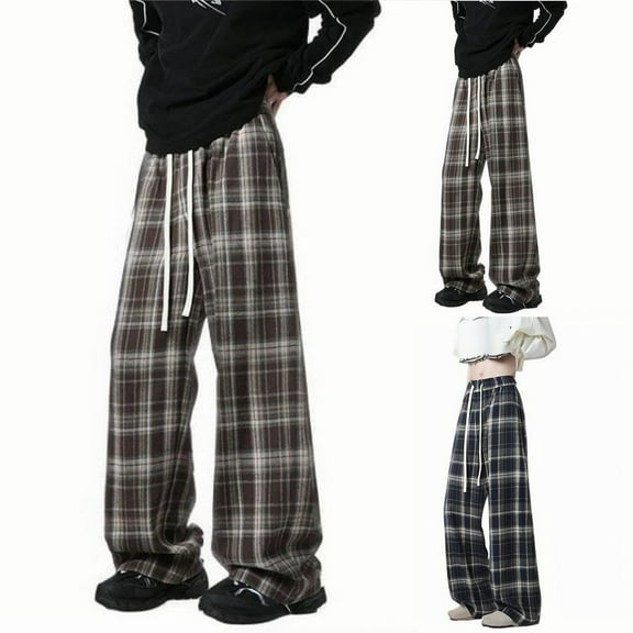 FRSASU Men's Plaid Causal Baggy Retro Wide Leg Suit Pants Loose Fit Trousers with a Floor Hanging Feel Coffee