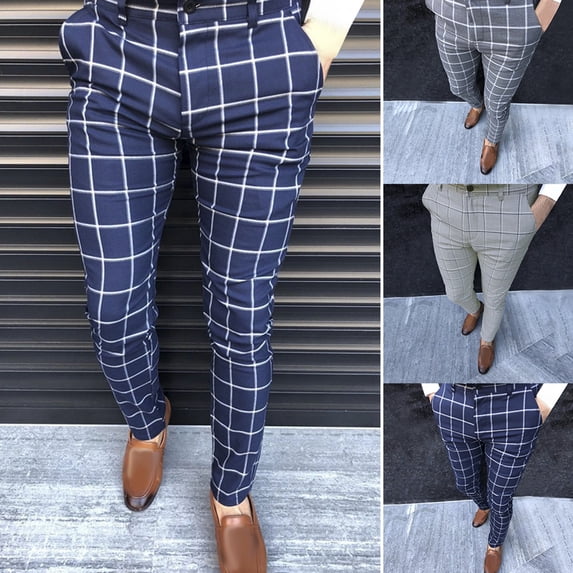 FRSASU Men's Plaid Dress Pants Mid Waist Slim Fit Casual Suit Stretch Comfort Business Trousers with Pockets Gray