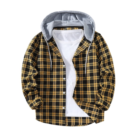 FRSASU Men's Plaid Hooded Jacket Button‑Front Long Sleeve Drawstring Loose Fit Hoodie Shacket Streetwear Gold-E