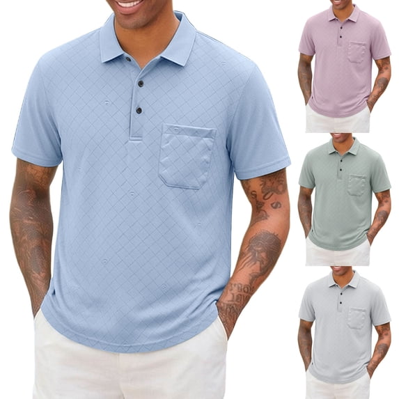 FRSASU Men's Plaid Polo Shirts Plus Size Short Sleeve Lapel Collar Button Tops Summer Casual office Work Blouse Pink-A