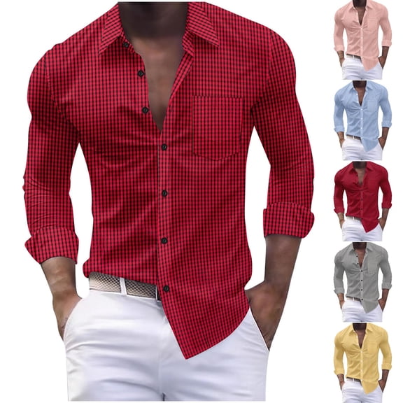 FRSASU Men's Plaid Print Button Down Shirts, Long Sleeve Casual Lapel Loose Tops Work office Daily Blouse with Pockets Yellow