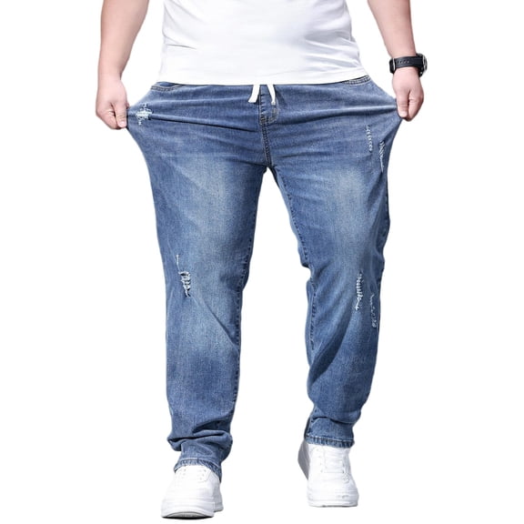 FRSASU Men's Plus Size Ripped Distressed Jeans Drawstring Elastic Waist Stretch Loose Straight Leg Denim Pants with Pockets Blue-C