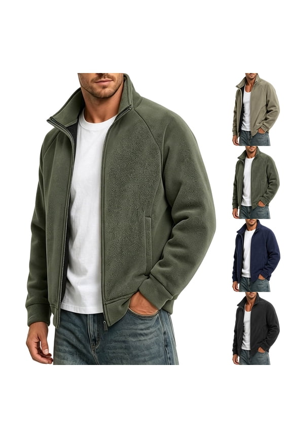 Men's Polar Fleece Jacket Lightweight Full Zip Jackets Outdoor Hiking Casual Soft Warm Coat with Pockets Khaki