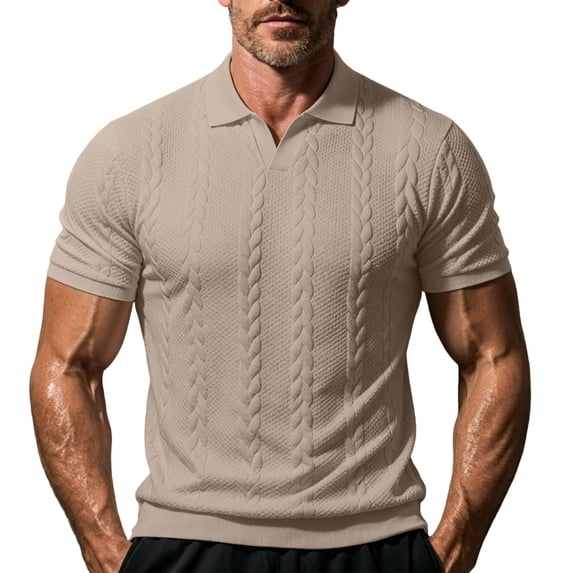 FRSASU Men's Polo Shirt Short Sleeve Jacquard Business Casual Breathable Casual Summer Tops Khaki