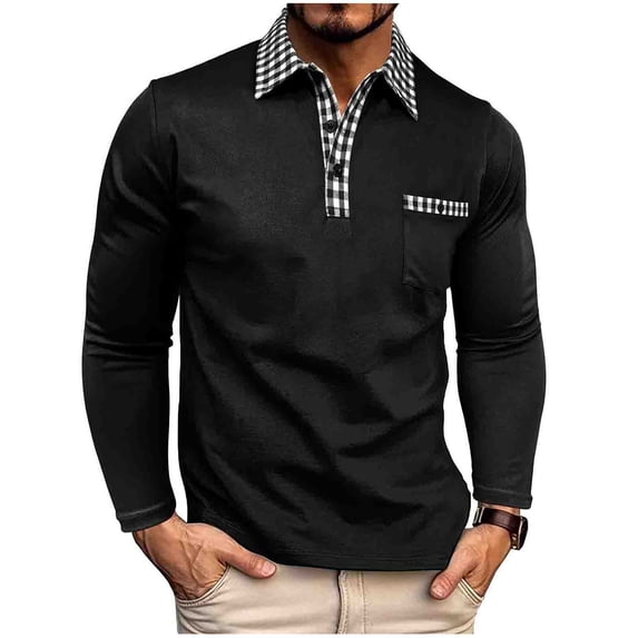 FRSASU Men's Polo Shirts Long Sleeve Casual Polo T-Shirts Color Block Slim Fit Golf Polo Shirt with Pocket Black