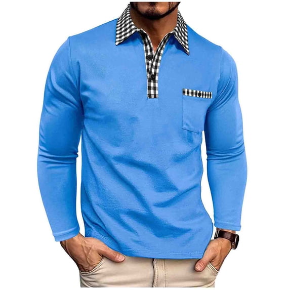 FRSASU Men's Polo Shirts Long Sleeve Casual Polo T-Shirts Color Block Slim Fit Golf Polo Shirt with Pocket Sky Blue