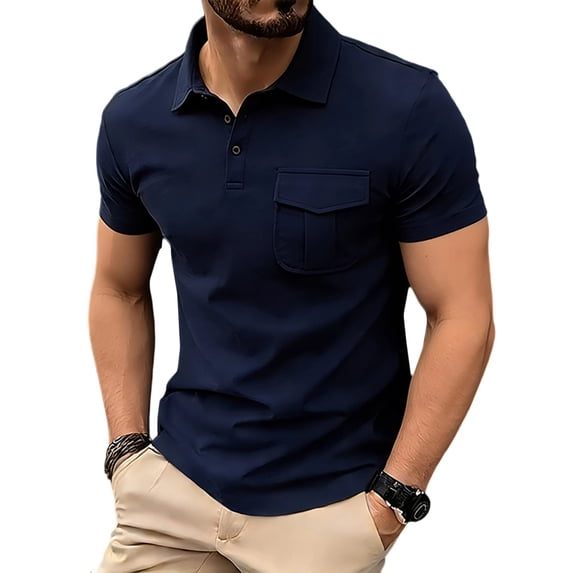 FRSASU Men's Polo Shirts Short Sleeve Casual Classic Solid Summer Collared Golf Shirts with Pocket Navy