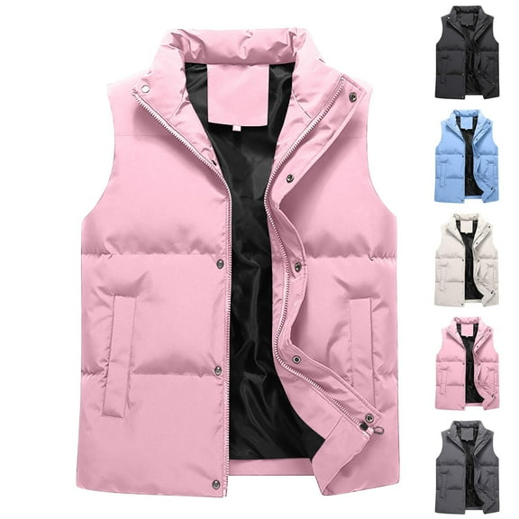 FRSASU Men's Puffer Vest Lightweight Full-Zip Stand up Collar Sleeveless Jacket Vest with Multi Pocket Pink