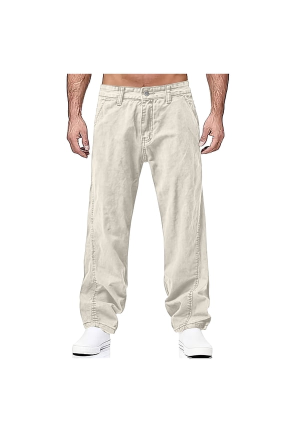 Men's Pull-On Jeans Elastic Waistband with Button Closure Denim Jeans for Men Beige