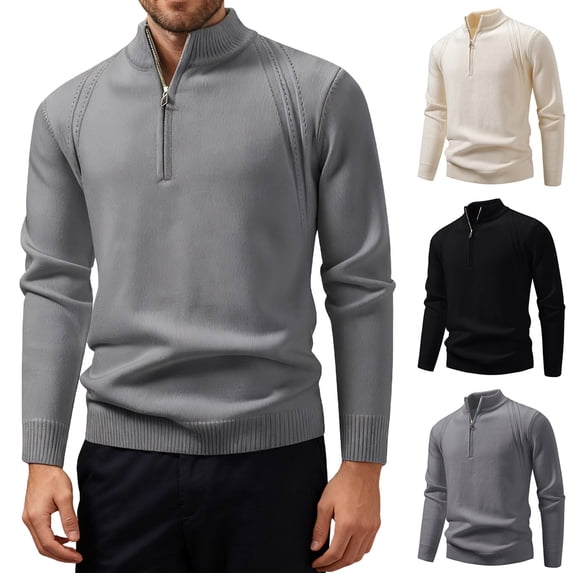 FRSASU Men's Quarter Zip Golf Pullover Sweater with Mock Collar, thermal Merino Wool, Breathable Soft Fabric Gray