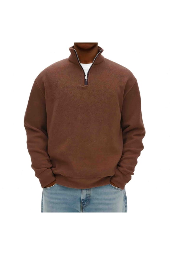 Men's Quarter Zip Pullover Mock Neck Polar Fleece Sweatshirts thermal Winter Sweater Brown