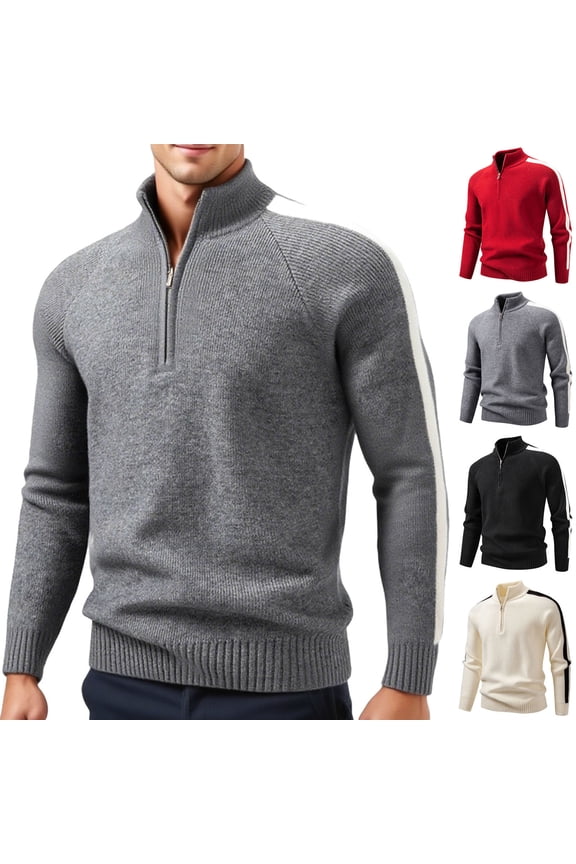 Men's Quarter Zip Sweater Slim Fit Casual Ribbed Knitted Turtleneck Pullover Mock Neck Polo Sweater Red