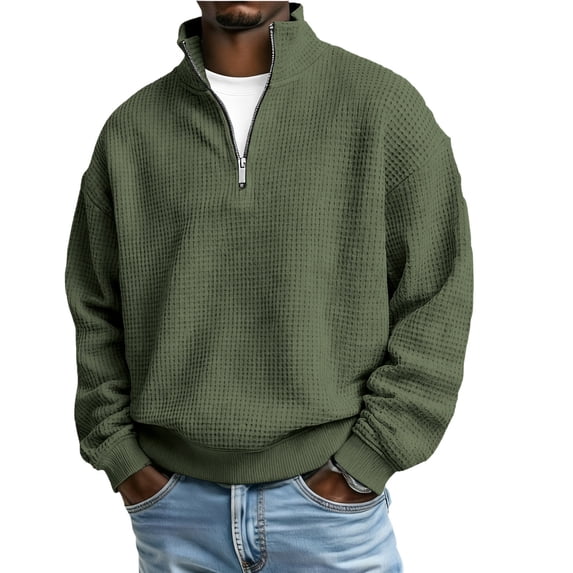 FRSASU Men's Quarter Zip Sweaters Polo Zip Up Pullover Waffle Knit Mock Neck Turtleneck Sweatshirt Army Green