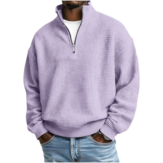FRSASU Men's Quarter Zip Sweaters Polo Zip Up Pullover Waffle Knit Mock Neck Turtleneck Sweatshirt Purple