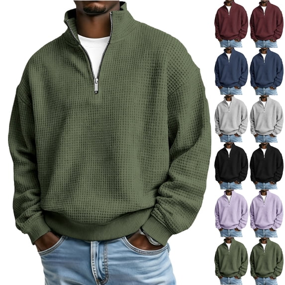 FRSASU Men's Quarter Zip Sweaters Polo Zip Up Pullover Waffle Knit Mock Neck Turtleneck Sweatshirt Wine