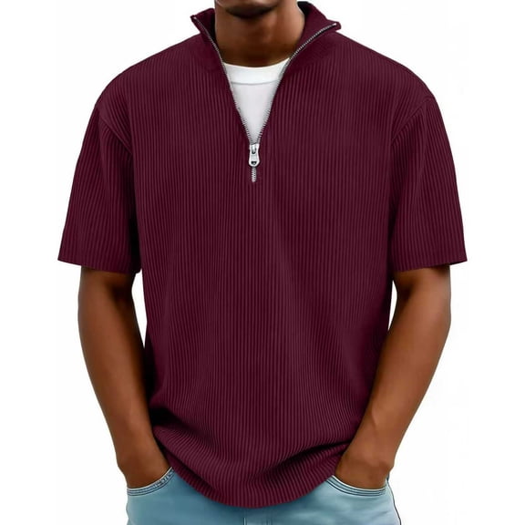 FRSASU Men's Quarter Zipper Pullover Corduroy Mock Neck Sweatshirt Spring Fall Casual Knit Short Sleeve Polo Shirt Wine