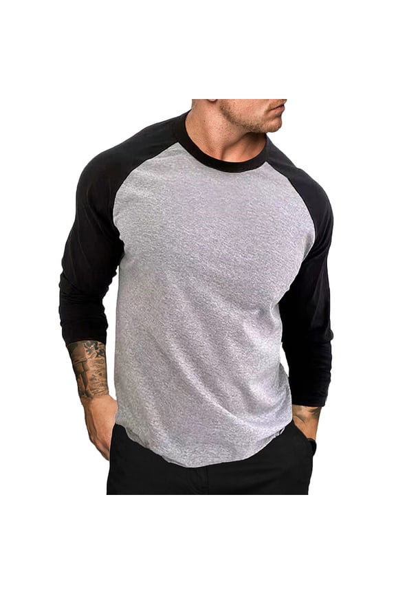 Men's Raglan Long Sleeve T-Shirt Vintage Color Block Baseball Gym Workout Athletic Tee Tops Gray