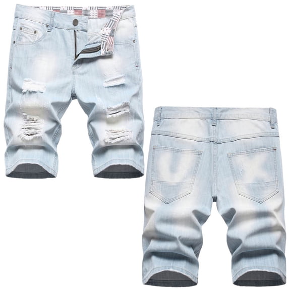 FRSASU Men's Raw Hem Ripped Denim Shorts Mid Rise Washed Distressed Jean Shorts Slim Fit Knee Length Denim Short Pants Light Blue