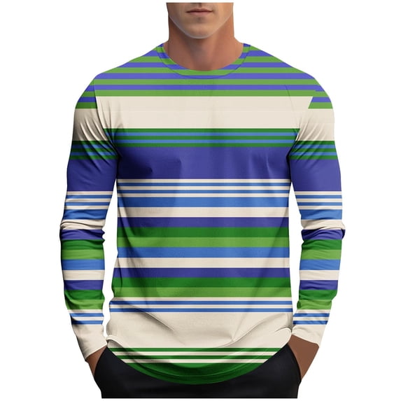 FRSASU Men's Retro Color Block Stripe Printed Loose Long Sleeve Shirt Crewneck Basic Tee Tops Blue