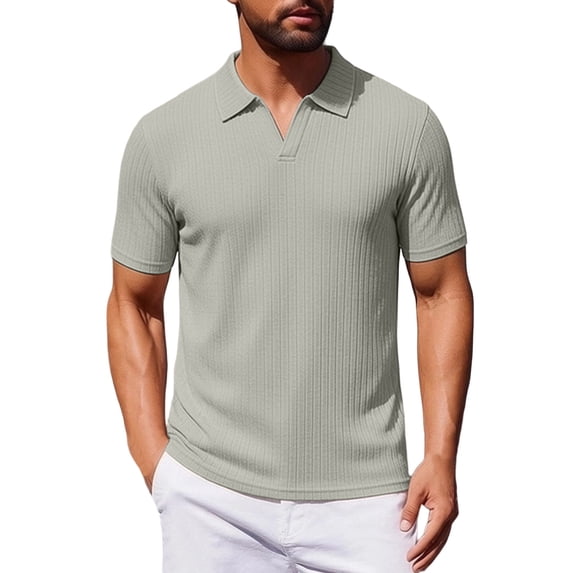 FRSASU Men's Ribbed Polo Shirts Short Sleeve V-Neck Slim Fit Polo Shirt Casual Summer Collared Golf Shirt Green