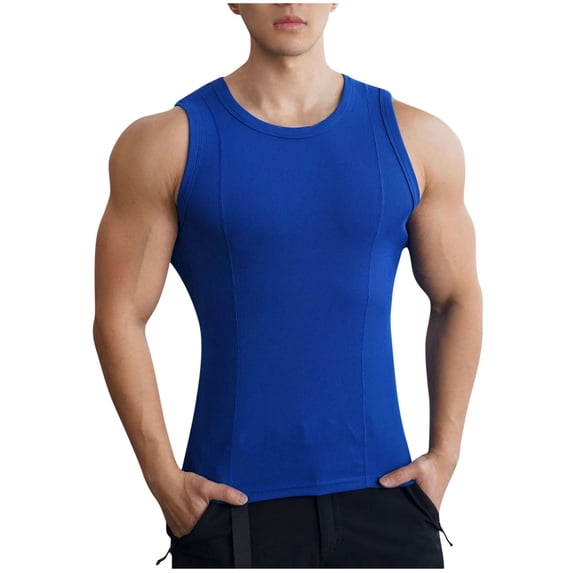 FRSASU Men's Ribbed Tank Tops Knit Casual Sleeveless Workout Muscle T Shirt Gym Undershirts Beach Tank Blue