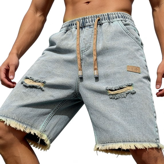 FRSASU Men's Ripped Casual Denim Shorts Straight-Leg Loose Drawstring Raw Hem Shorts Streetwear Light Blue