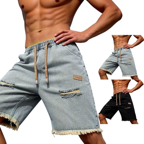 FRSASU Men's Ripped Casual Denim Shorts Straight-Leg Loose Drawstring Raw Hem Shorts Streetwear Light Blue