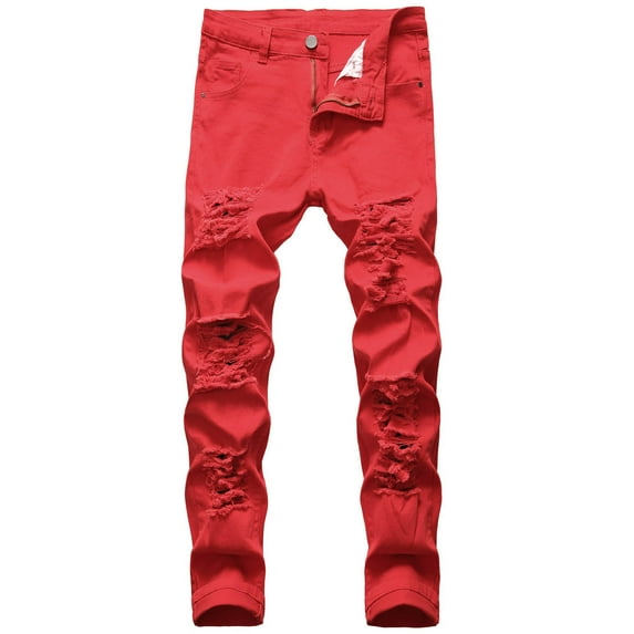 FRSASU Men's Ripped Distressed Destroyed Straight Slim Fit Jeans Skinny Casual Fashion Denim Pants Red