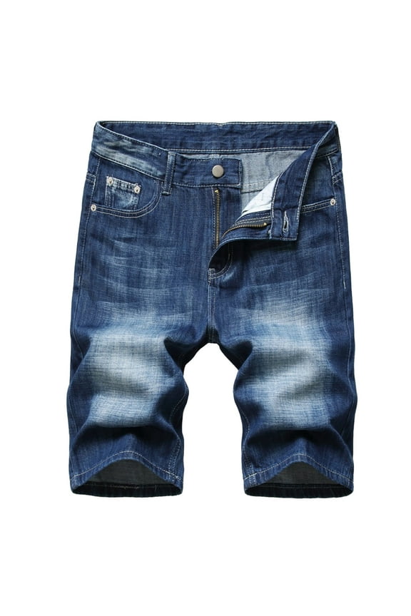Men's Ripped Jean Short Distressed Straight Fit Button Down Denim Shorts Dark Blue