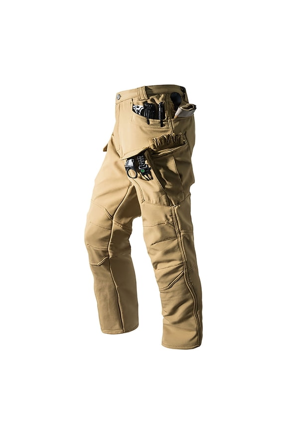 Men's Ripstop Fleece Lined Tactical Work Cotton Pants Warm Water Resistant Flex Utility Cargo Skiing Hiking Pants Khaki