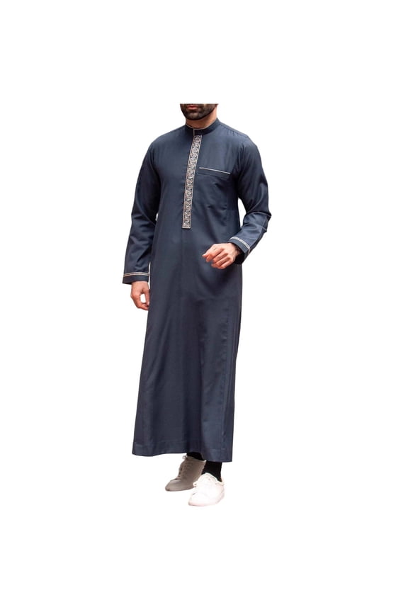 Men's Robe Muslim Clothes Kimono Loose Abaya Dresses Long Sleeve Embroidered Chiffon Kaftan Casual formal Dubai Thobe Blue