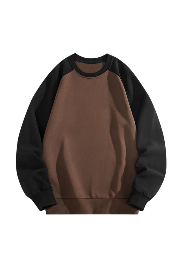 Men's Round Neck Color Blocked Simple Long Sleeved T-Shirt Solid Color Casual Loose Long Sleeved Cotton Top Coffee