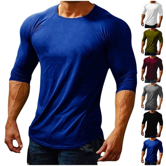 FRSASU Men's Round Neck Irregular Hem Slim Fit Long Sleeved T-Shirt Solid Color Casual Sports Fitness Long Sleeved Top White