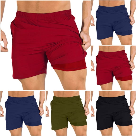 FRSASU Men's Running Shorts with Sports Lining with Liner Workout Shorts Body building Gym Shorts Red
