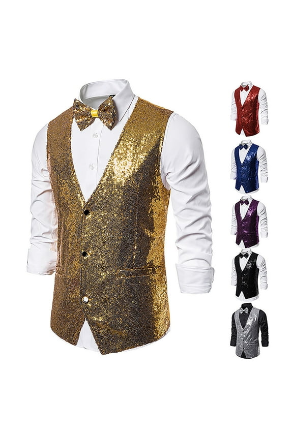 Men's Sequin Vest Party formal V-Neck Shiny Waistcoat for Wedding Events Carnival Wine