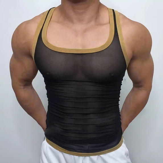 FRSASU Men's Sheer Mesh Compression Tank Tops Slimming Summer Sleeveless Gym Workout Tanks Shirts Black