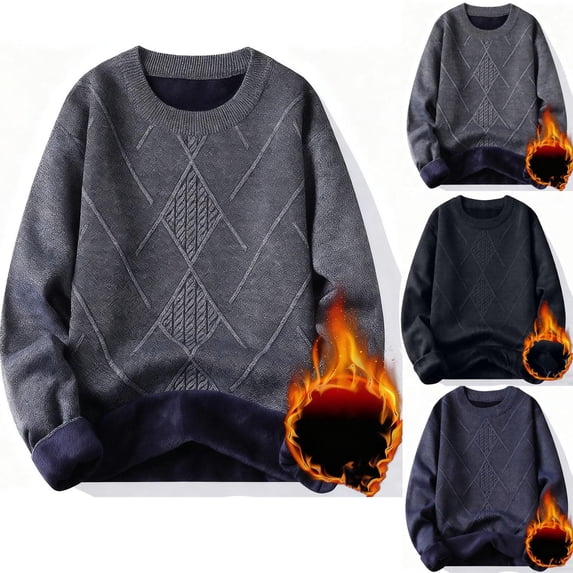 FRSASU Men's Sherpa Lined Knited Sweater Fleece Velour Pullover Basic Tops Warm Fall Winter Sweatshirt Navy