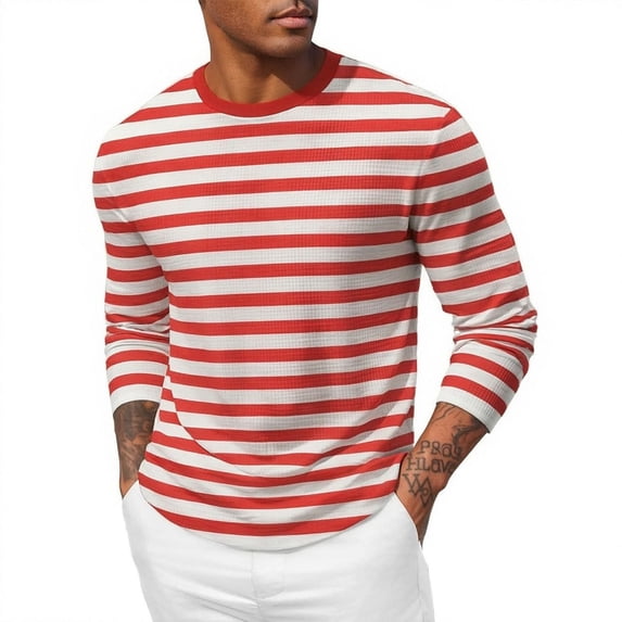 FRSASU Men's Shirt Striped Cotton Spandex Crewneck Long Sleeve Basic Pullover Casual Lightweight Loose Versatile Workout Tops Orange