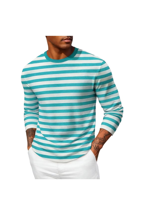 Men's Shirt Striped Cotton Spandex Crewneck Long Sleeve Basic Pullover Casual Lightweight Loose Versatile Workout Tops Sky Blue