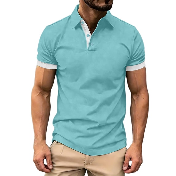 FRSASU Men's Shirts Short Sleeve Button Up Slim Fit Tees Lightweight Golf Shirt Fashion Contrast Color Pullover Sky Blue
