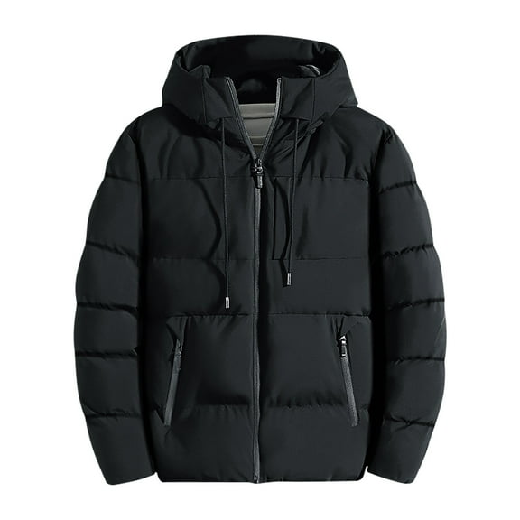 FRSASU Men's Short Puffer Jacket Hooded Down Jacket Winter Outwear Full Zip up Warm Winter Cotton Coat Black