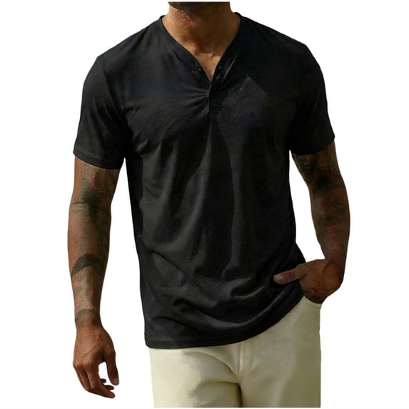 FRSASU Men's Short Sleeve Knit Classic Polo Shirts V-Neck Button Up Solid Lightweight Casual Collarless Golf Shirt Black
