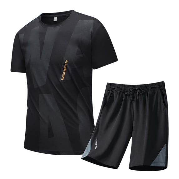 FRSASU Men's Short Sleeve T Shirts Shorts with Pockets Quick Dry Gym Athletic Clothes Workout Running 2 Piece Sets Summer Casual Black