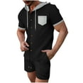 thumbnail image 1 of FRSASU Men's Short Sleeve Waffle Knitted Button Down Shirt Cardigan Sweater Hoodie and Drawstring Shorts 2 Piece Sets Black, 1 of 7