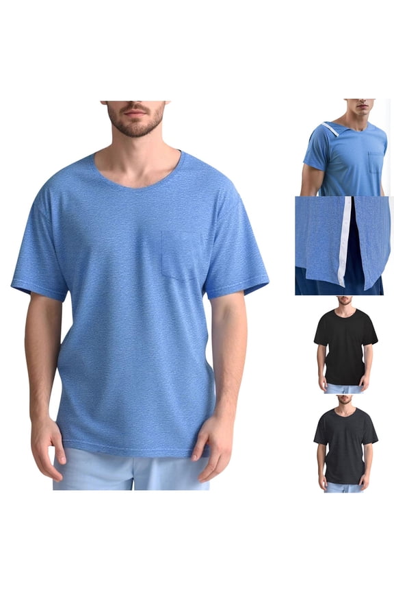 Men's Side Snap T-Shirts Casual Solid Color Cuff Basic Post Shoulder Adaptive Top Tee with Pockets Dark Gray